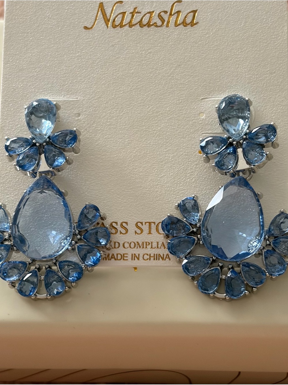 Natasha Couture Sky Blue Teardrop Crystal Chandelier Earrings